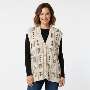 Vintage Y2K Koret Knit Geometric Sweater Vest Cardigan Womens Plus Size 2X Ivory